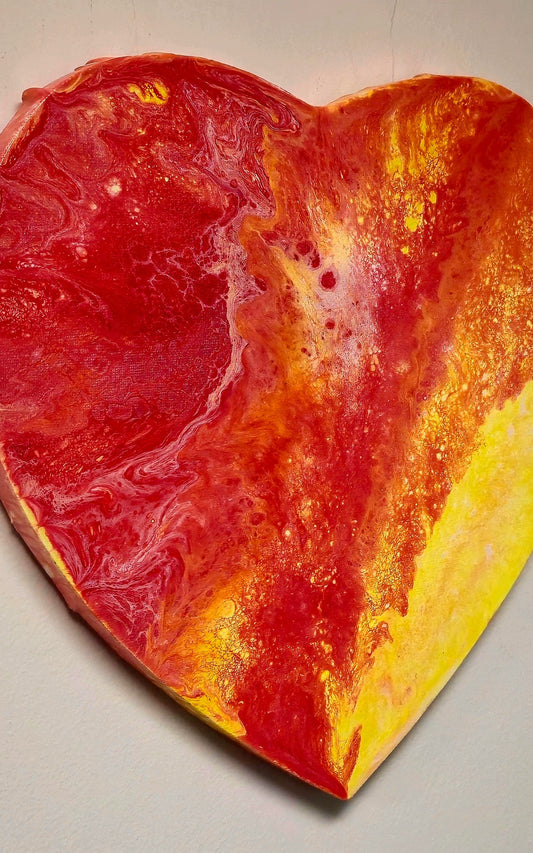 Obraz Serce 30cm - Czerwień Żółć Pouring Art