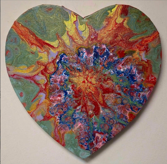 Obraz Serce 30cm - Pouring Art Czerwień Błękit Zieleń