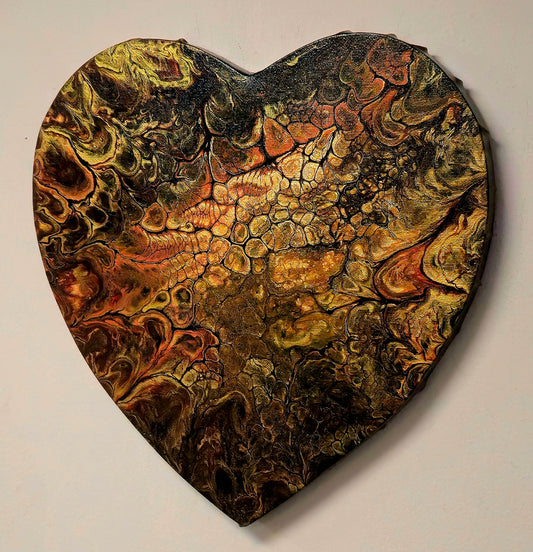 Obraz Serce 30cm - Pouring Art Czerwień Pomarańcz Złoto