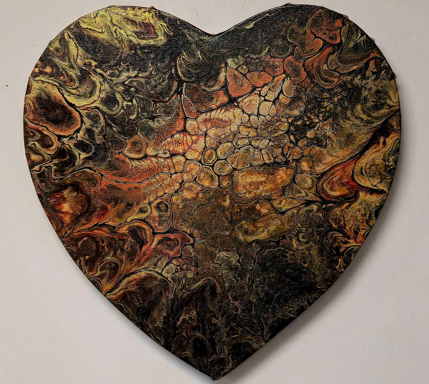 Obraz Serce 30cm - Pouring Art Czerwień Pomarańcz Złoto
