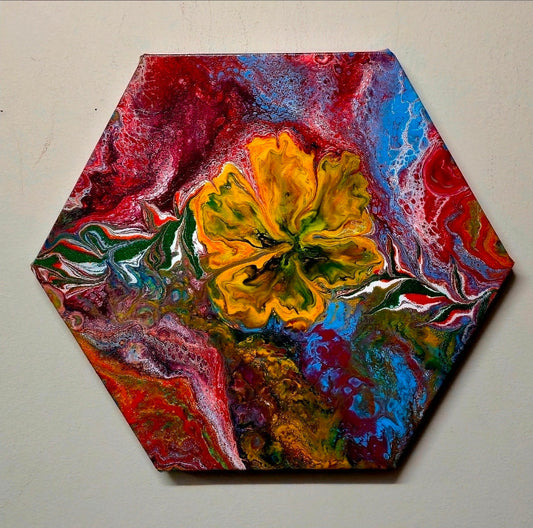 Obraz sześciokątny Żółty Kwiat - Abstrakcja 20cm - Złota