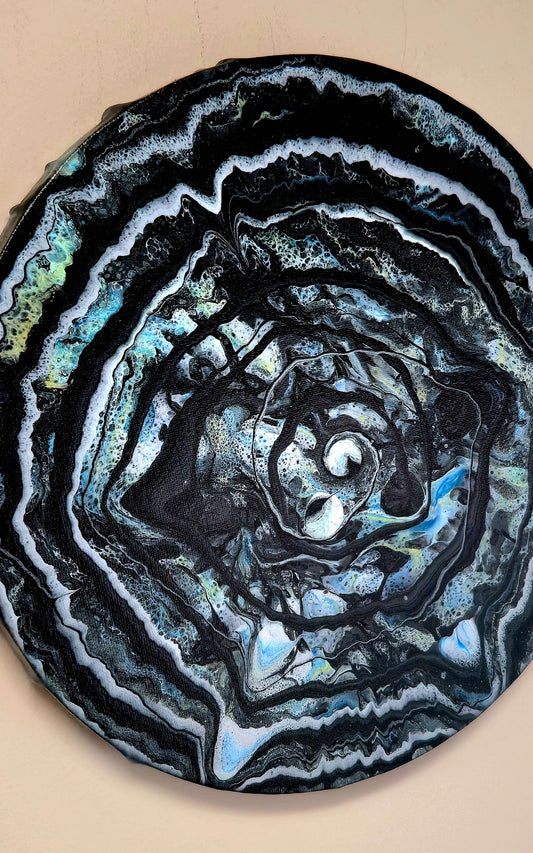 Okrągły obraz 30cm - Czerń Niebieski Biel Pouring Art