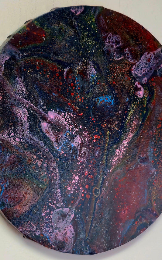 Okrągły obraz 30cm - Czerwień Fiolet Zieleń Pouring Art