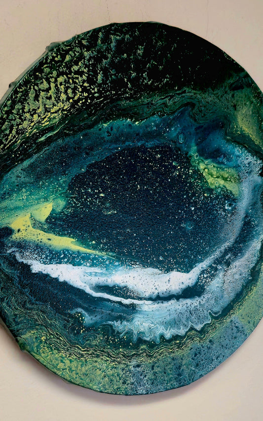 Okrągły obraz 30cm - Niebieski Pomarańcz Biel Pouring Art