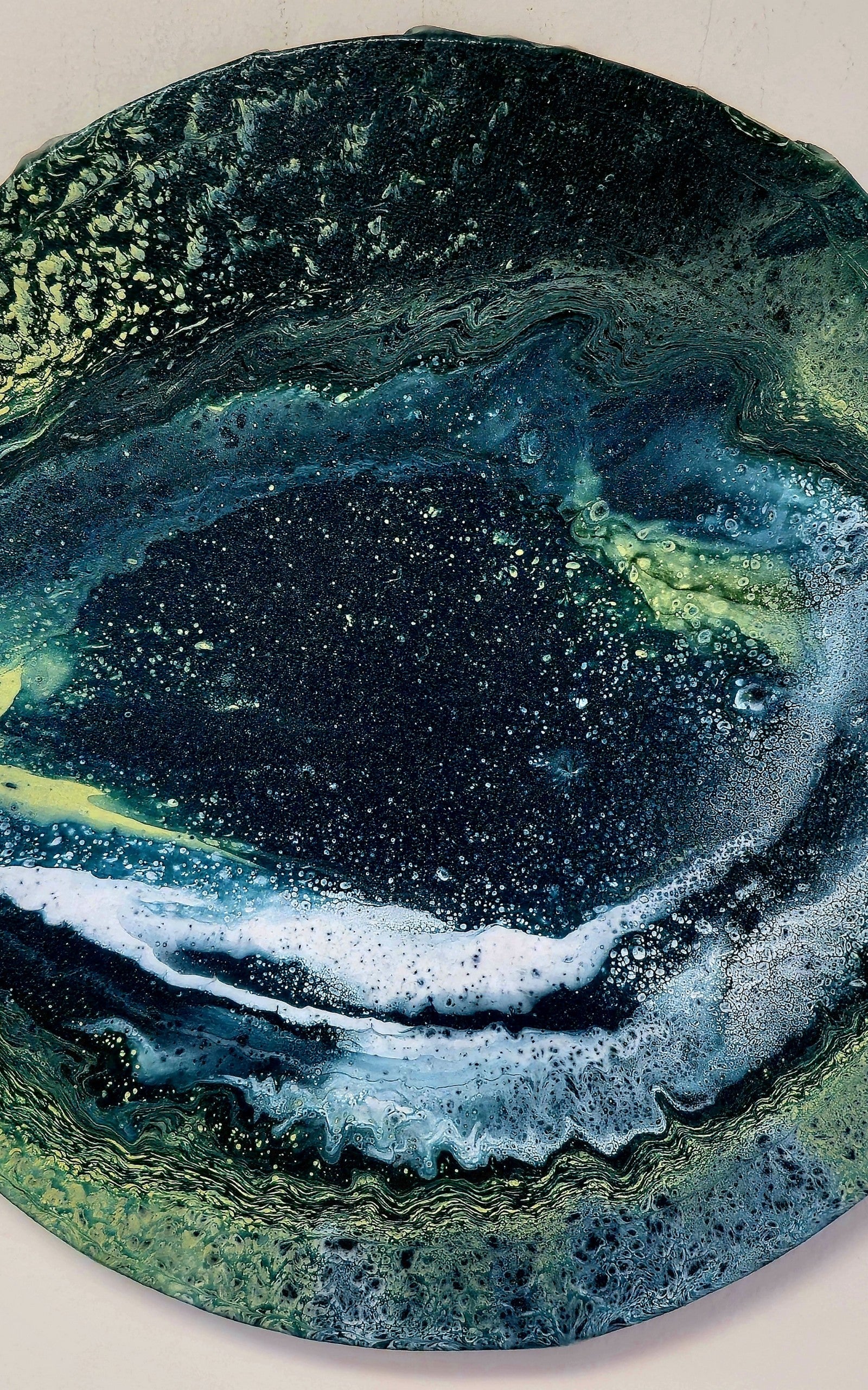 Okrągły obraz 30cm - Niebieski Pomarańcz Biel Pouring Art