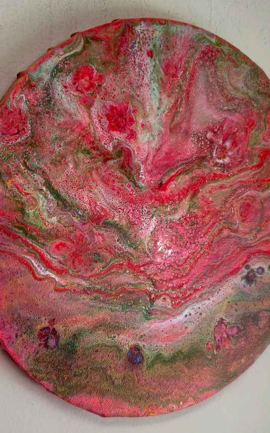 Okrągły obraz 30cm - Pouring Art Czerwień Zieleń Róż