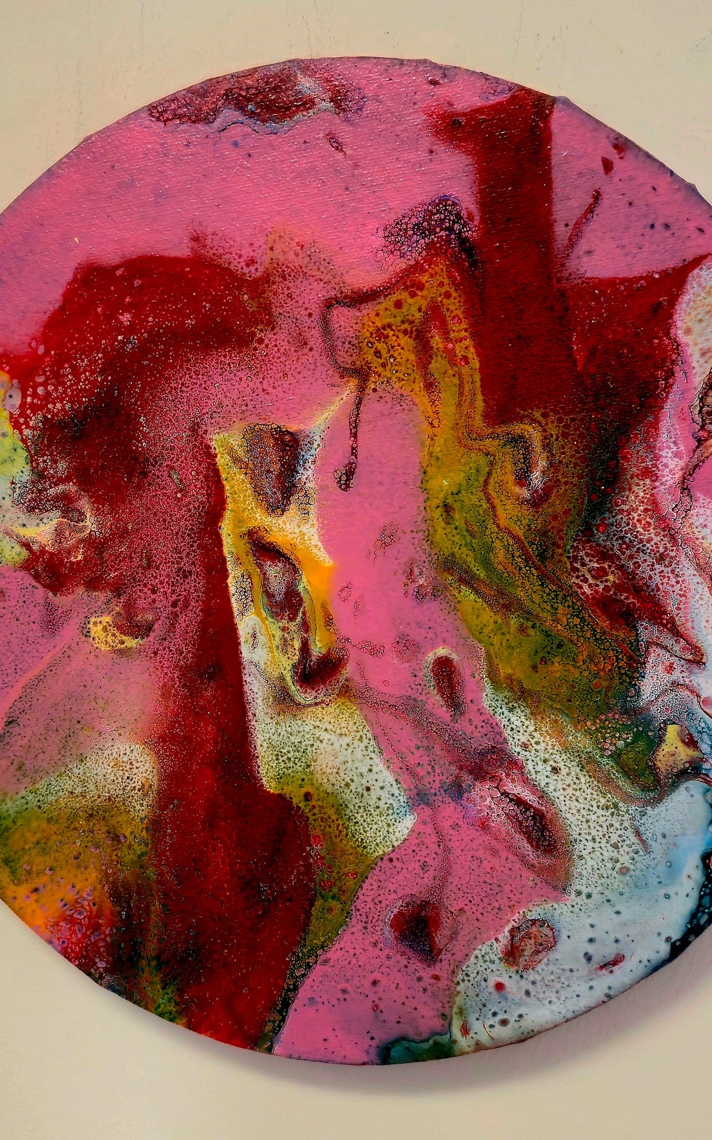 Okrągły obraz 30cm - Róż Czerwień Zieleń Pouring Art