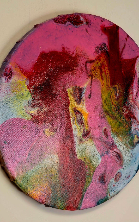 Okrągły obraz 30cm - Róż Czerwień Zieleń Pouring Art