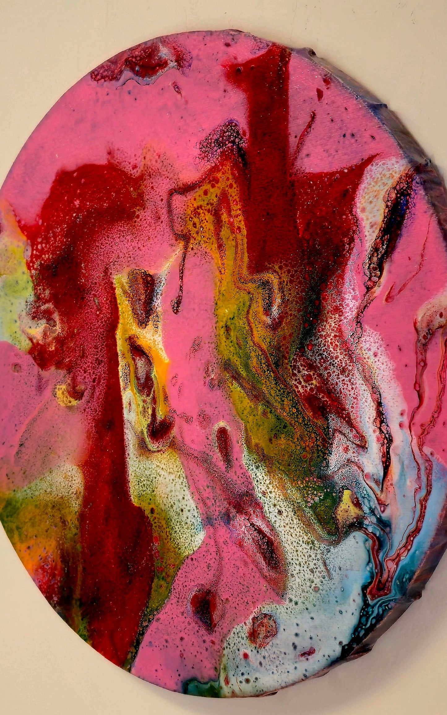Okrągły obraz 30cm - Róż Czerwień Zieleń Pouring Art