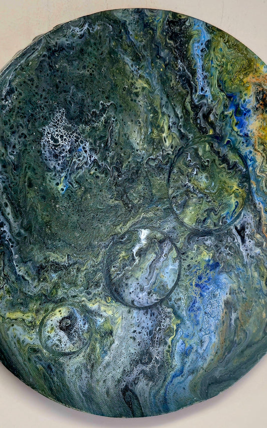 Okrągły obraz 30cm - Zieleń Niebieski Żółć Pouring Art