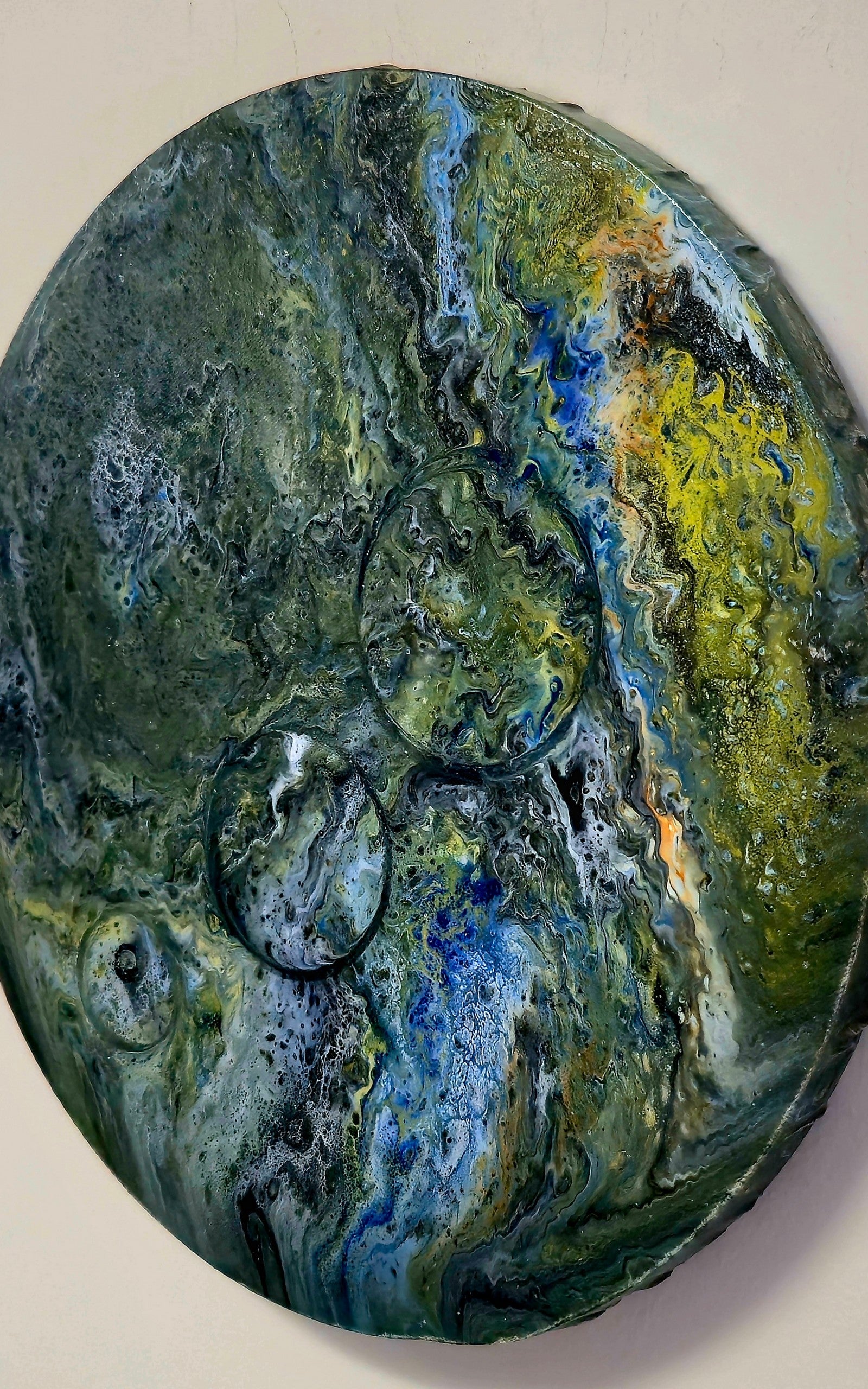 Okrągły obraz 30cm - Zieleń Niebieski Żółć Pouring Art