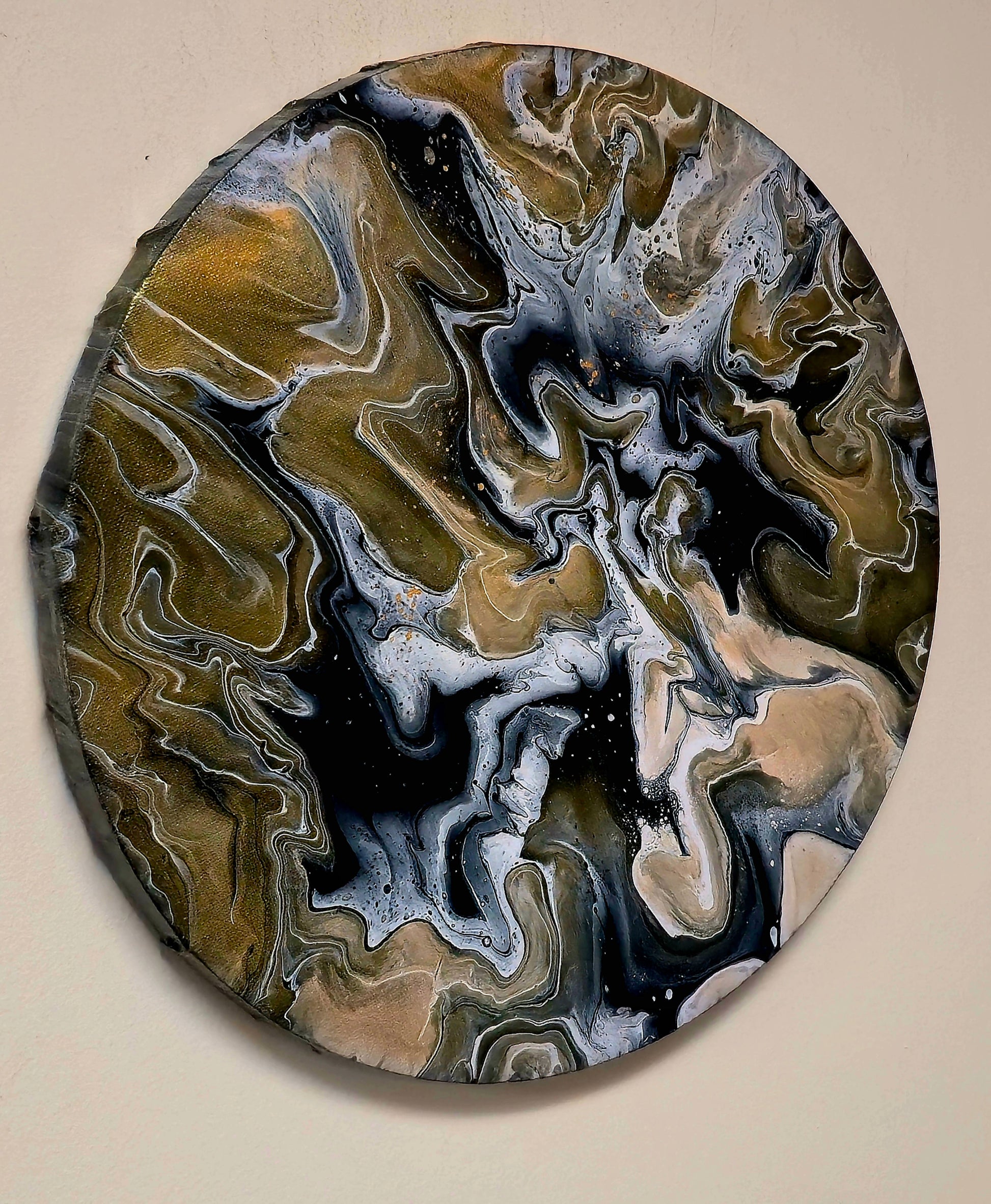 Okrągły obraz 30cm - Złoto Czerń i Biel Pouring Art