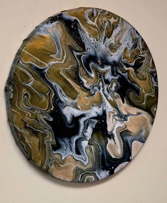 Okrągły obraz 30cm - Złoto Czerń i Biel Pouring Art