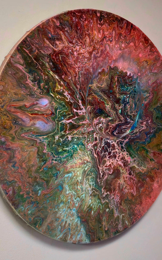 Okrągły obraz 50cm - Czerwień Zieleń Błękit Pouring Art