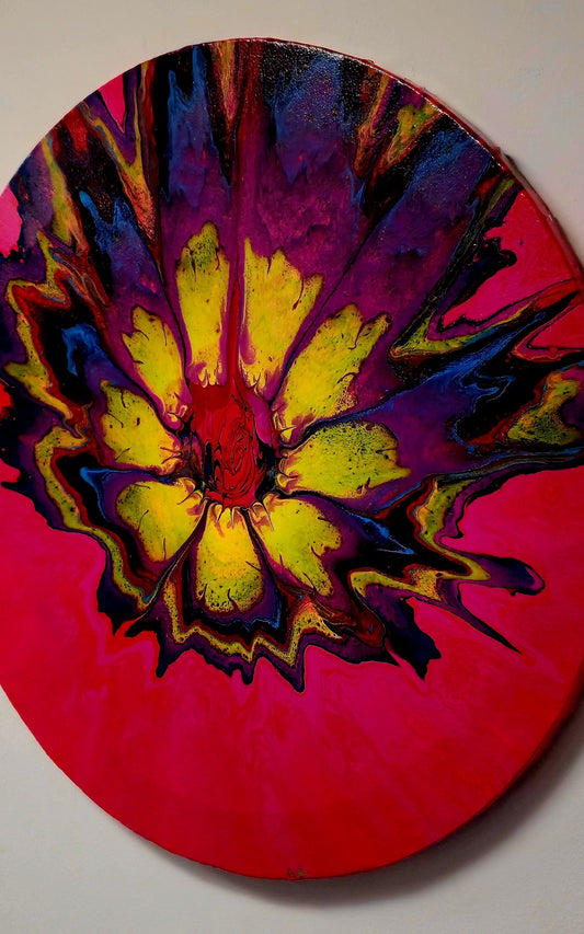 Okrągły obraz 50cm - Kwiat Żółć Róż Fiolet Pouring Art