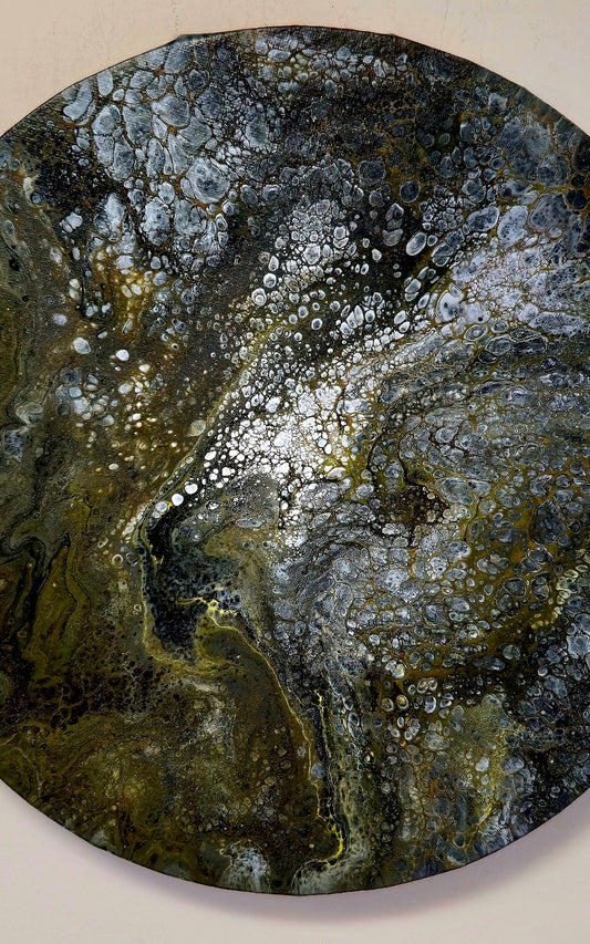 Okrągły obraz 50cm - Zieleń Złoto Srebro Pouring Art