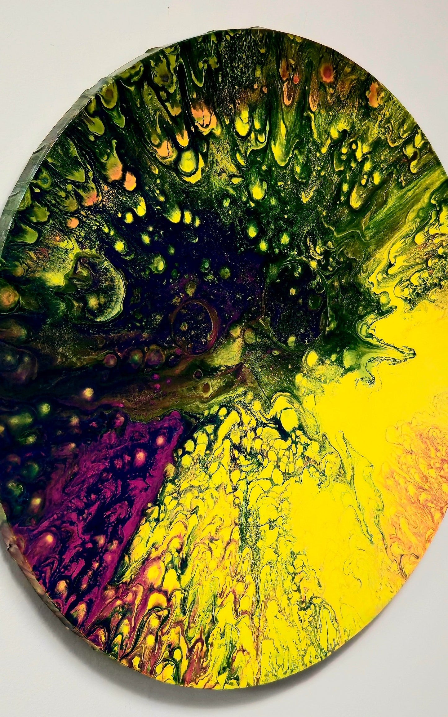 Okrągły obraz 50cm - Żółć Zieleń Fiolet Pouring Art