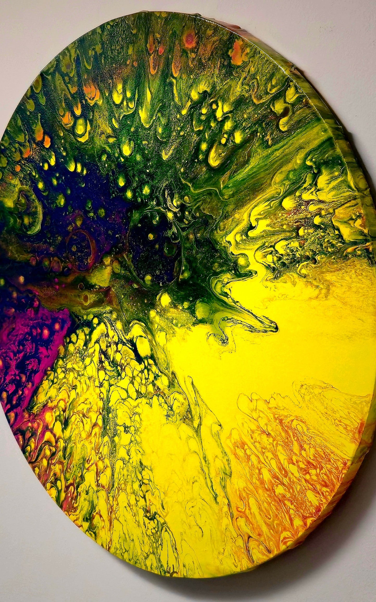 Okrągły obraz 50cm - Żółć Zieleń Fiolet Pouring Art